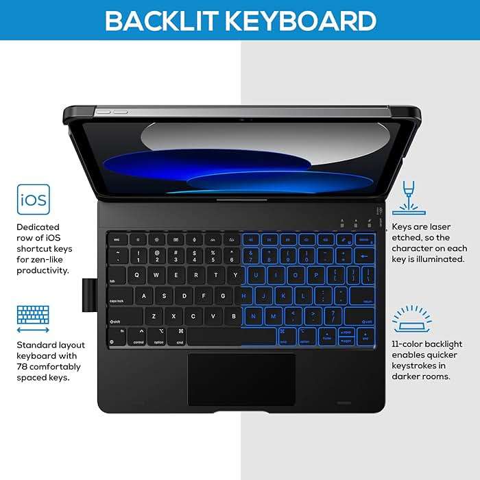 typecase Touch iPad 11th 10th Generation Case with Keyboard (11" 2025, A16 & 10.9" 2022) – 360° Rotatable, 11-Color Backlit, Multi-Touch Trackpad, Pencil Holder, Thin & Light – Black - Image 3