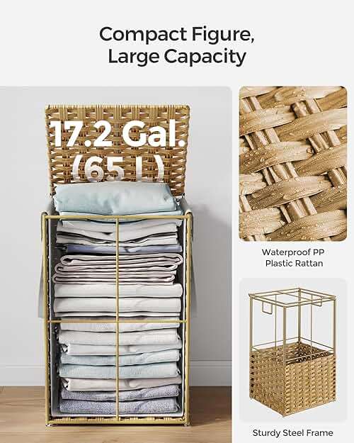 SONGMICS Laundry Hamper with Lid, 17.2 Gallon (65 L) Synthetic Rattan Clothes Laundry Basket with Lid and Handles, Foldable, Removable Liner, Goose Yellow ULCB165N01 - Image 6