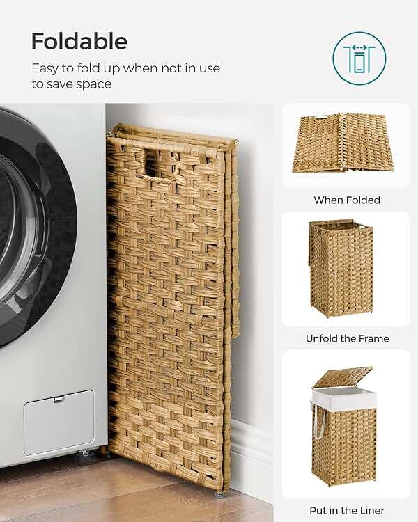 SONGMICS Laundry Hamper with Lid, 17.2 Gallon (65 L) Synthetic Rattan Clothes Laundry Basket with Lid and Handles, Foldable, Removable Liner, Goose Yellow ULCB165N01 - Image 8