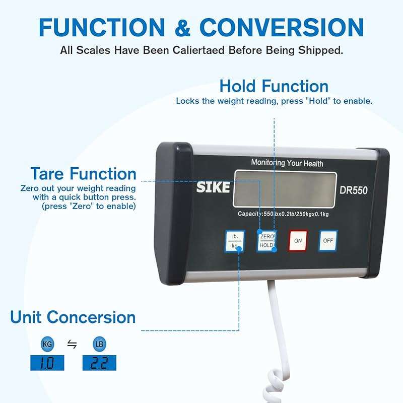 SIKE Digital Physician Scale, Medical Floor Scale for Body Weight, 550 lb Limit Professional Weight Scale, Portable Easy to Read Digital Display, Heavy Duty, Pound & KG Settings, 12.5" x 12" Platform | Portable - Image 3