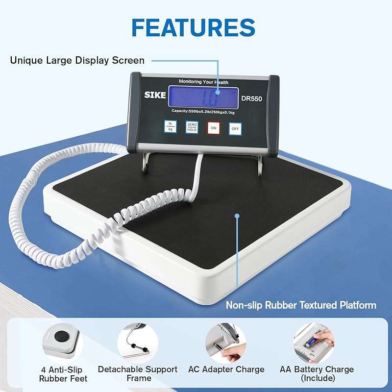 SIKE Digital Physician Scale, Medical Floor Scale for Body Weight, 550 lb Limit Professional Weight Scale, Portable Easy to Read Digital Display, Heavy Duty, Pound & KG Settings, 12.5" x 12" Platform | Portable - Image 5