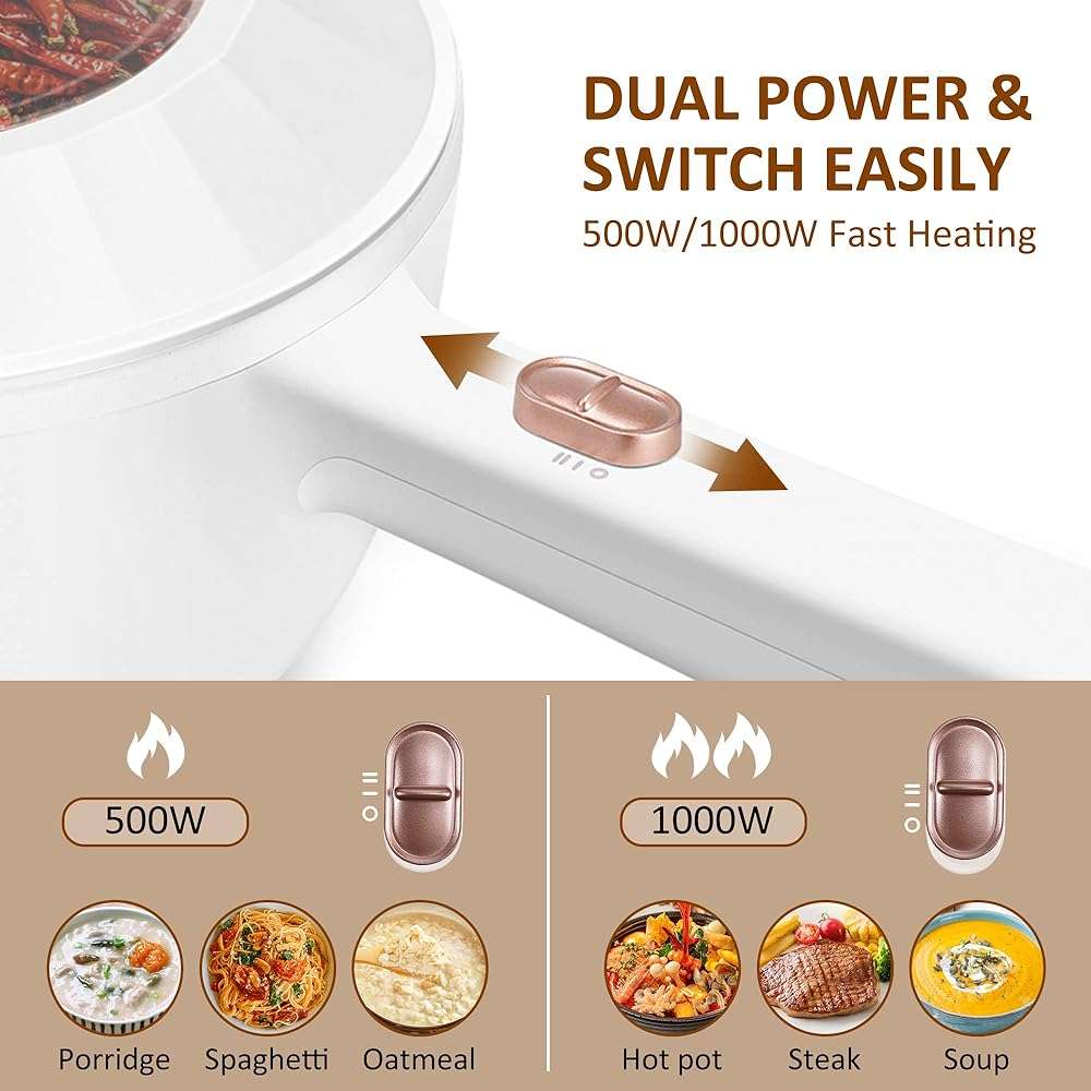 Bear Hot Pot Electric, 2L Multifunctional Portable Cooking Pot, 1000W Rapid Noodles Electric, Non-Stick Frying Pans for Steak, Egg, Ramen, Oatmeal With Dual Power Adjustment - Image 3