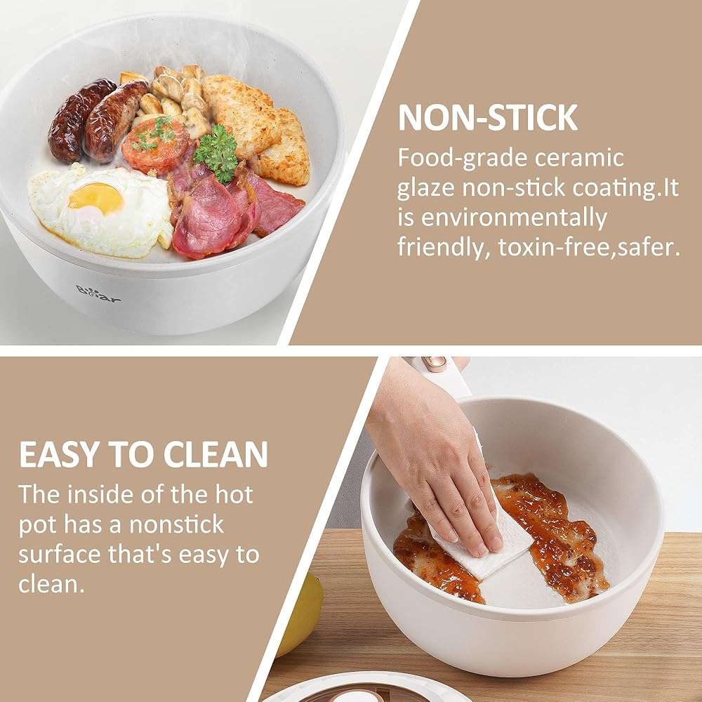 Bear Hot Pot Electric, 2L Multifunctional Portable Cooking Pot, 1000W Rapid Noodles Electric, Non-Stick Frying Pans for Steak, Egg, Ramen, Oatmeal With Dual Power Adjustment - Image 5