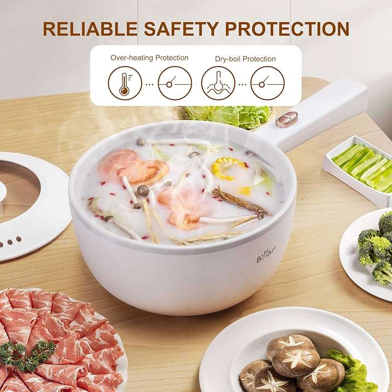 Bear Hot Pot Electric, 2L Multifunctional Portable Cooking Pot, 1000W Rapid Noodles Electric, Non-Stick Frying Pans for Steak, Egg, Ramen, Oatmeal With Dual Power Adjustment - Image 6