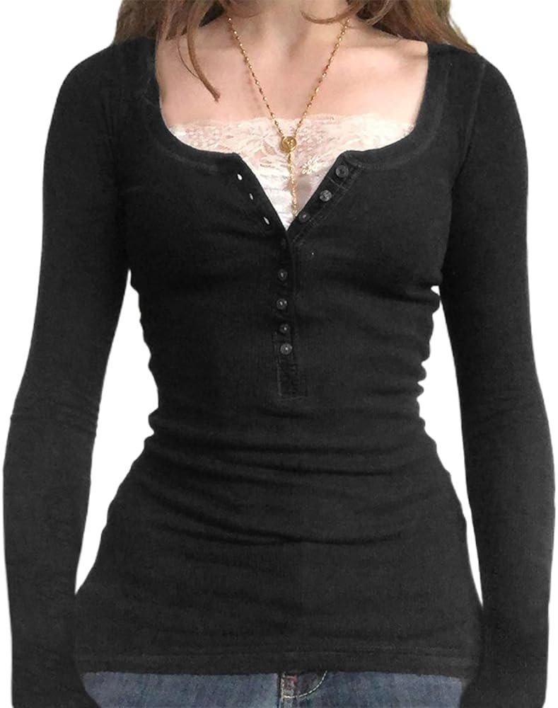 Women Fairy Grunge Shirts Y2K Fall Tops Long Sleeve Lace Trim Tee Teen Girls Vintage Slim Blouse Aesthetic Clothes - Product Image
