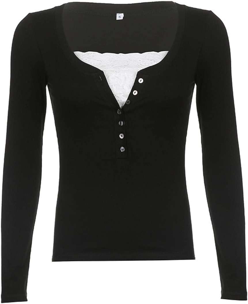 Women Fairy Grunge Shirts Y2K Fall Tops Long Sleeve Lace Trim Tee Teen Girls Vintage Slim Blouse Aesthetic Clothes - Image 2