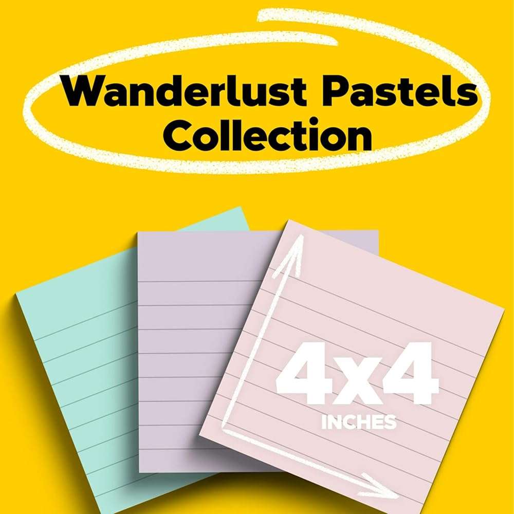 Post-it 100% Recycled Paper Super Sticky Notes, 4 in. x 4 in., 3 Pads, 70 Sheets per Pad, Wanderlust Pastels, Back to School Supplies and Office Products - Image 2