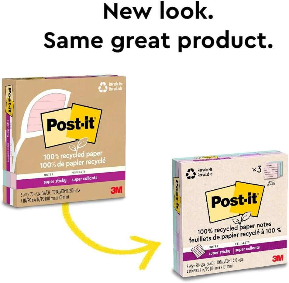 Post-it 100% Recycled Paper Super Sticky Notes, 4 in. x 4 in., 3 Pads, 70 Sheets per Pad, Wanderlust Pastels, Back to School Supplies and Office Products - Image 9