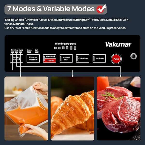 Vakumar Vacuum Sealer Machine, 90Kpa Liquid Food Vacuum Sealer Machine Preservation Dry/Moist/Liquid Modes, LED Indicator Light, Handle Locked Design, Built-in Cutter and Bag Storage, Starter Kit - Image 2