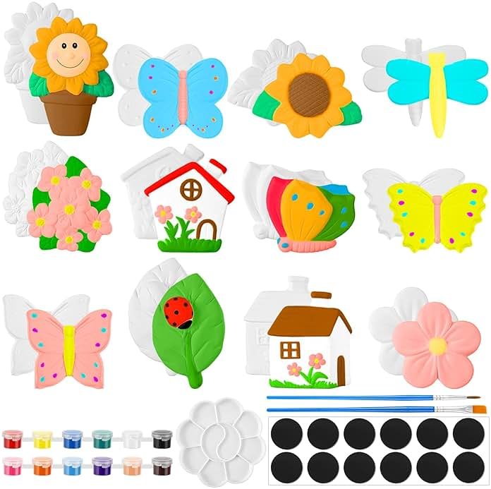 Sinmoe 12 Sets Spring Ceramic Painting Kit for Kids Paint Your Own Figurine Butterfly Flower Sunflower Insect Bisque Ceramic for Adult Toddler Preschool Boys Girls DIY Art Craft Project Party Favor - Product Image