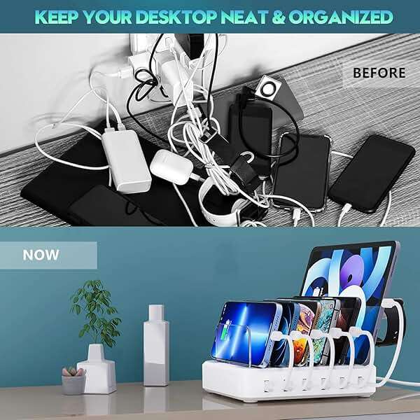 Charging Station for Multiple Devices,60W 6 Port Charger Station with 7 Mixed Charging Cables,USB Charging Dock,Compatible with Cellphone,Tablet, Kindle, iPhone iPad and More (White) - Image 3