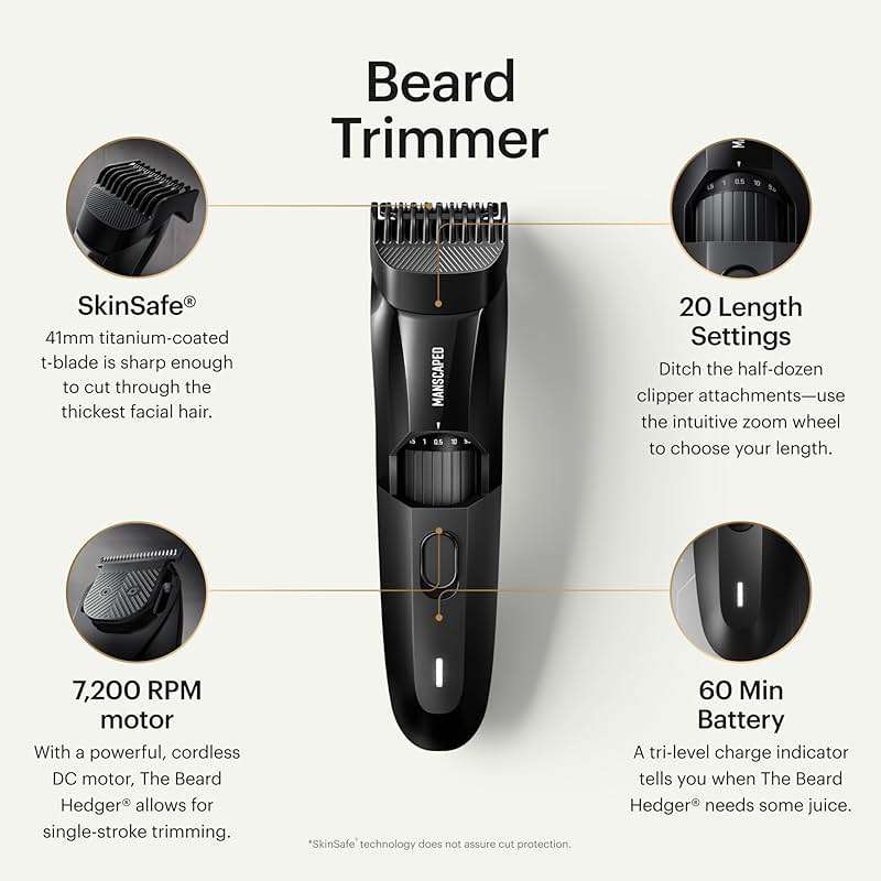 MANSCAPED® The Beard Hedger® Men's Premium Beard Trimmer, 20 Length Adjustable Blade Wheel, Stainless Steel T-Blade for Precision Facial Hair Trimming, Cordless Waterproof Wet/Dry Clipper - Image 3