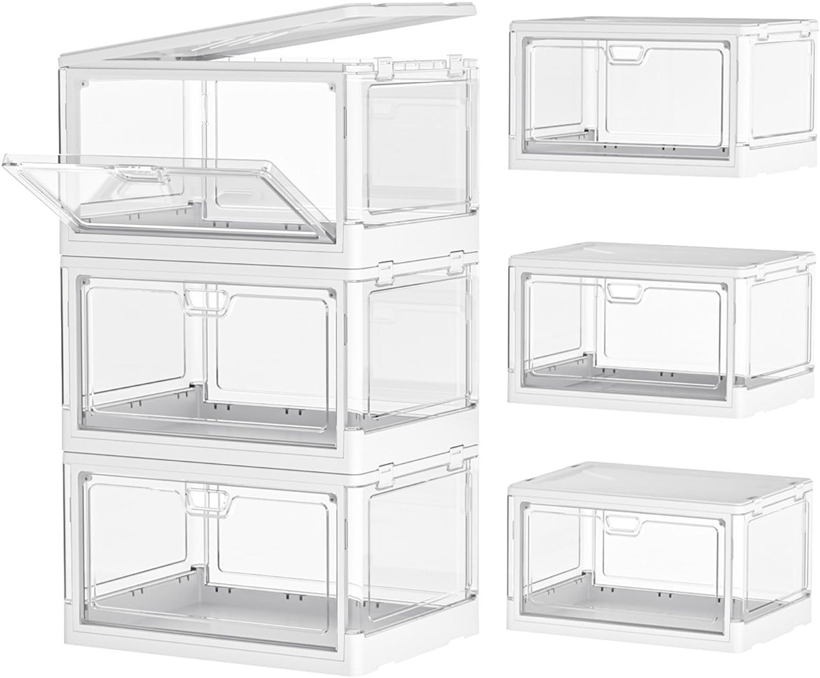 Kmiectse Clear Storage Bin with Lid 3 Pack 【Stackable & Sturdy】 Plastic Multifunctional Folding Storage Bins for Bedroom, Living Room, Study,Room, 23 QT Folding Box with Magnetic Door - Product Image