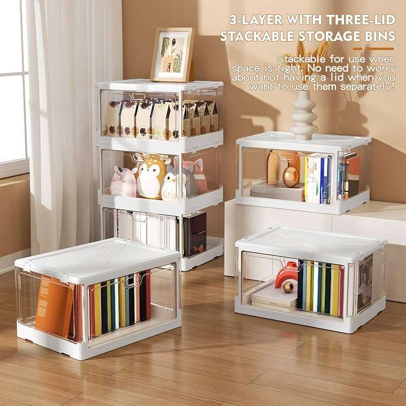 Kmiectse Clear Storage Bin with Lid 3 Pack 【Stackable & Sturdy】 Plastic Multifunctional Folding Storage Bins for Bedroom, Living Room, Study,Room, 23 QT Folding Box with Magnetic Door - Image 4
