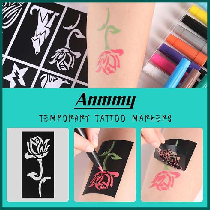 Anmmy Temporary Tattoo Markers for Skin, 16-Count Body Markers+77 Large Tattoo Stencils of Assorted Colors for kids and Adults, Flexible Brush Tip, Bright colors, Skin-Safe*, Cosmetic-Grade. - Image 2