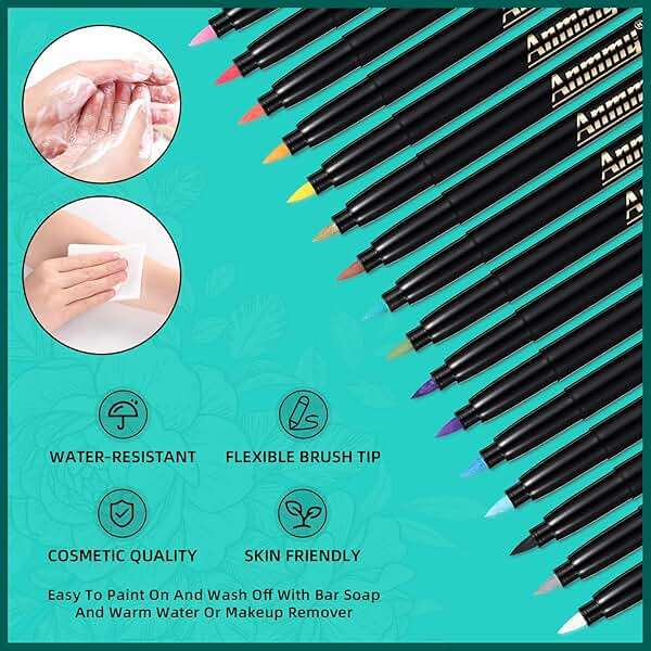 Anmmy Temporary Tattoo Markers for Skin, 16-Count Body Markers+77 Large Tattoo Stencils of Assorted Colors for kids and Adults, Flexible Brush Tip, Bright colors, Skin-Safe*, Cosmetic-Grade. - Image 3