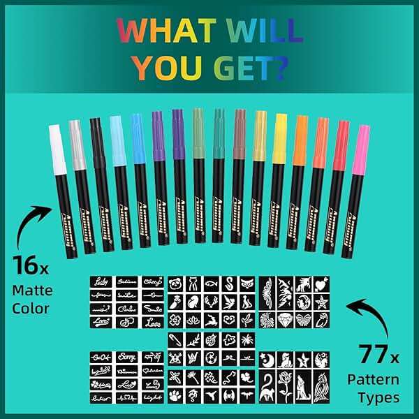 Anmmy Temporary Tattoo Markers for Skin, 16-Count Body Markers+77 Large Tattoo Stencils of Assorted Colors for kids and Adults, Flexible Brush Tip, Bright colors, Skin-Safe*, Cosmetic-Grade. - Image 6