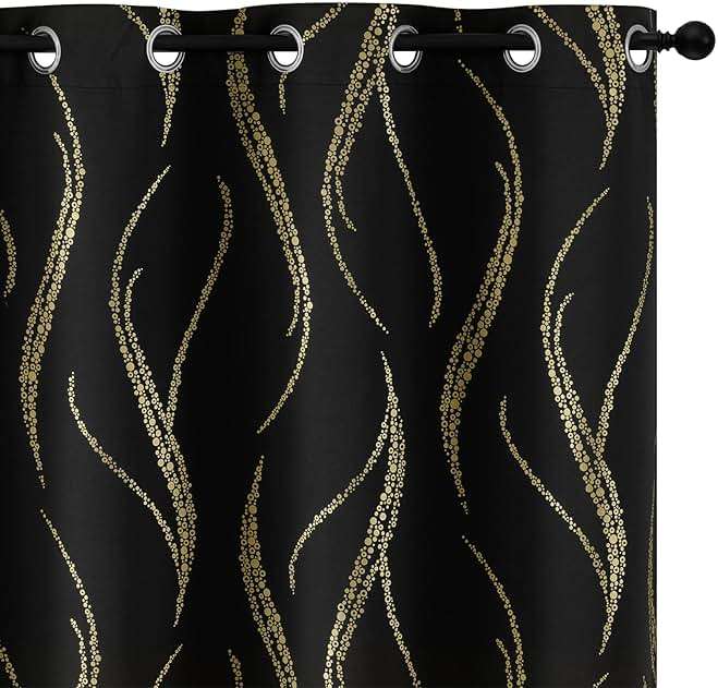 Yakamok Blackout Curtains for Livingroom - Wave Line with Dots Gold Print Design Noise Reducing Thermal Insulated Solid Ring Top Blackout Window Drapes for Livingroom (2 Panels, 52 x 84 Inch, Black) - Image 1