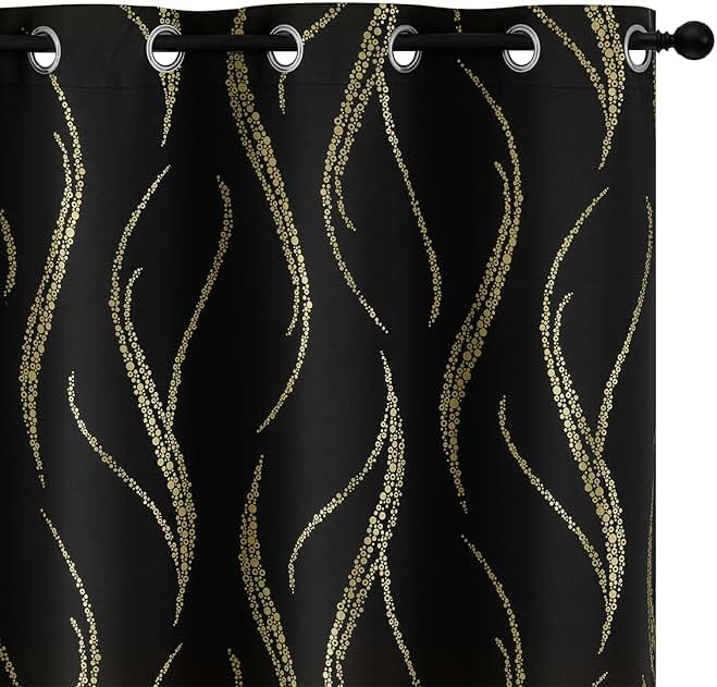 Yakamok Blackout Curtains for Livingroom - Wave Line with Dots Gold Print Design Noise Reducing Thermal Insulated Solid Ring Top Blackout Window Drapes for Livingroom (2 Panels, 52 x 84 Inch, Black) - Product Image