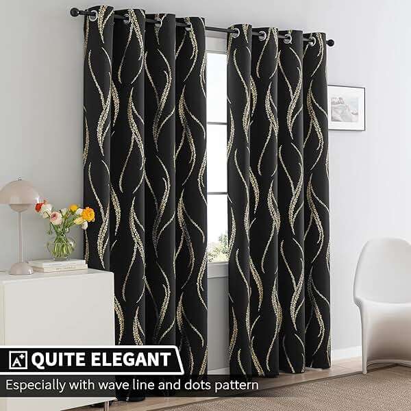 Yakamok Blackout Curtains for Livingroom - Wave Line with Dots Gold Print Design Noise Reducing Thermal Insulated Solid Ring Top Blackout Window Drapes for Livingroom (2 Panels, 52 x 84 Inch, Black) - Image 2