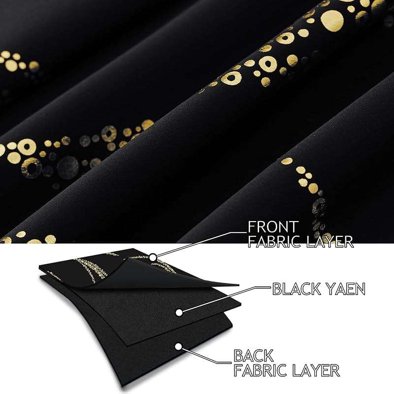 Yakamok Blackout Curtains for Livingroom - Wave Line with Dots Gold Print Design Noise Reducing Thermal Insulated Solid Ring Top Blackout Window Drapes for Livingroom (2 Panels, 52 x 84 Inch, Black) - Image 4