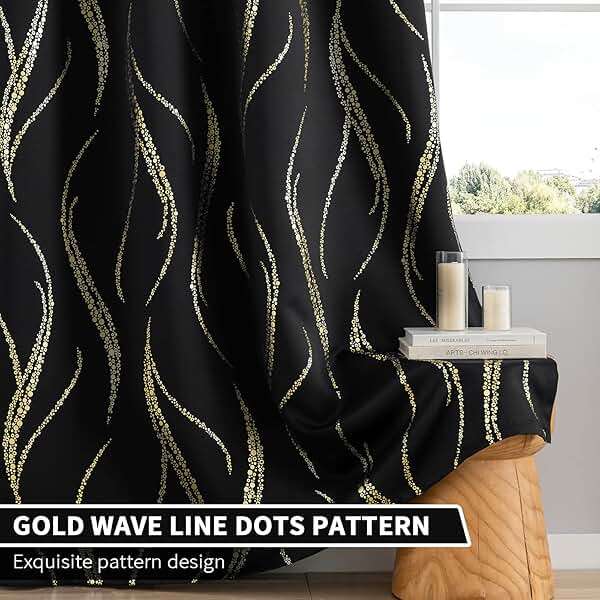 Yakamok Blackout Curtains for Livingroom - Wave Line with Dots Gold Print Design Noise Reducing Thermal Insulated Solid Ring Top Blackout Window Drapes for Livingroom (2 Panels, 52 x 84 Inch, Black) - Image 6