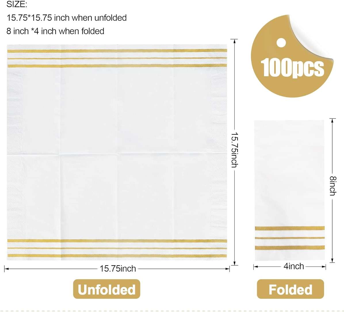 100 Pcs White and Gold napkins, Dinner Paper Napkins Disposable Hand Towels for Bathroom, Soft, Absorbent, Gold Party Wedding Napkins for Kitchen, Parties, Dinners or Events (Yellow, 100) - Image 3