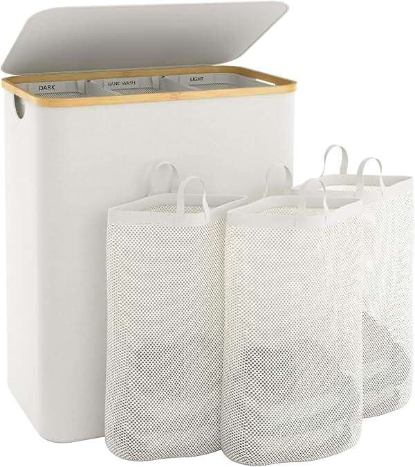 Extra Large 3 Section Dirty Clothes Laundry Basket with Lid, Dirty Clothes Hampers with Removable Bags for Bedroom and Laundry Room, Beige - Image 1
