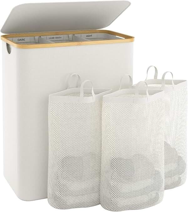 Extra Large 3 Section Dirty Clothes Laundry Basket with Lid, Dirty Clothes Hampers with Removable Bags for Bedroom and Laundry Room, Beige - Product Image