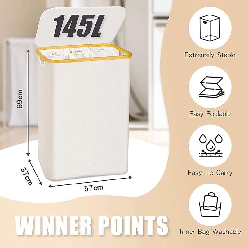 Extra Large 3 Section Dirty Clothes Laundry Basket with Lid, Dirty Clothes Hampers with Removable Bags for Bedroom and Laundry Room, Beige - Image 2