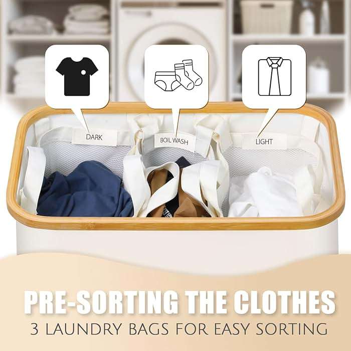 Extra Large 3 Section Dirty Clothes Laundry Basket with Lid, Dirty Clothes Hampers with Removable Bags for Bedroom and Laundry Room, Beige - Image 4