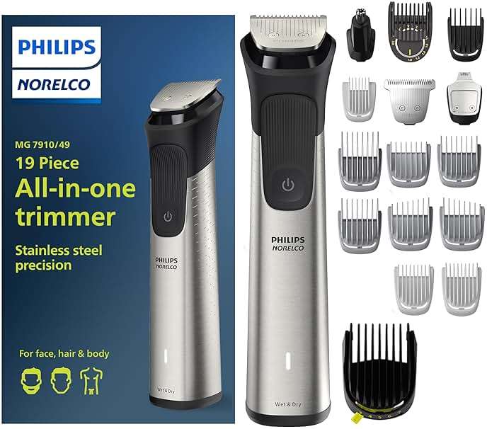 Norelco Philips Multigroom 7000 Series, All-in-One Trimmer, Beard Trimmer and Hair Clipper, 19-Piece Men's Grooming Kit for Beard, Head, Hair, Body, and Face, Soft Pouch, MG7910/49 - Image 1