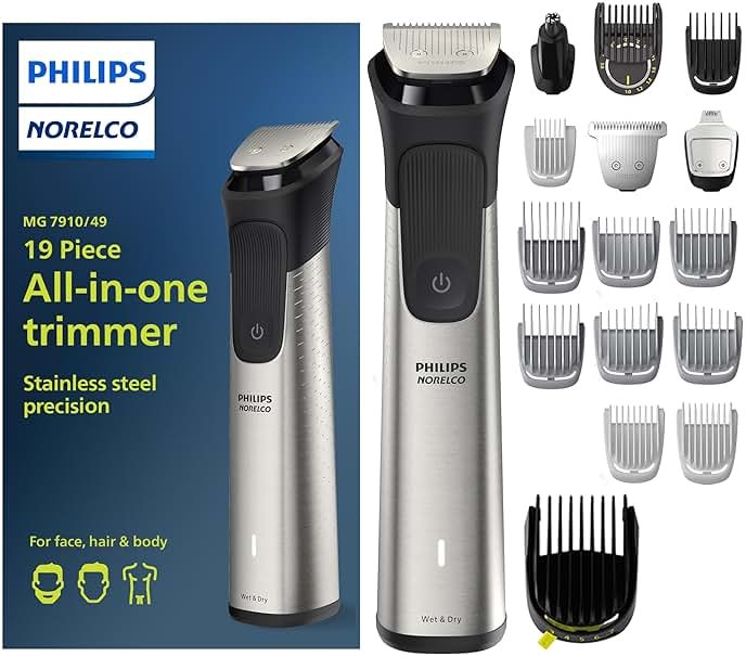 Norelco Philips Multigroom 7000 Series, All-in-One Trimmer, Beard Trimmer and Hair Clipper, 19-Piece Men's Grooming Kit for Beard, Head, Hair, Body, and Face, Soft Pouch, MG7910/49 - Product Image