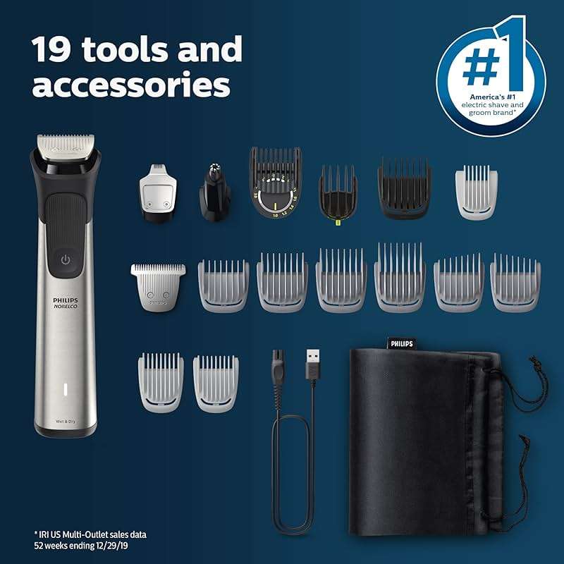 Norelco Philips Multigroom 7000 Series, All-in-One Trimmer, Beard Trimmer and Hair Clipper, 19-Piece Men's Grooming Kit for Beard, Head, Hair, Body, and Face, Soft Pouch, MG7910/49 - Image 8