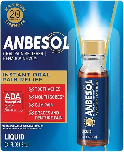 Anbesol Maximum Strength Liquid - Instant Oral Pain Relief, for Toothaches, Gums, Braces, & Denture Pain, and Mouth Sores*, Canker Sore Treatment Inside Mouth, ADA Accepted, 0.41 oz - Product Image