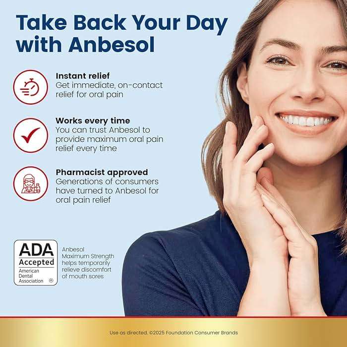 Anbesol Maximum Strength Liquid - Instant Oral Pain Relief, for Toothaches, Gums, Braces, & Denture Pain, and Mouth Sores*, Canker Sore Treatment Inside Mouth, ADA Accepted, 0.41 oz - Image 2