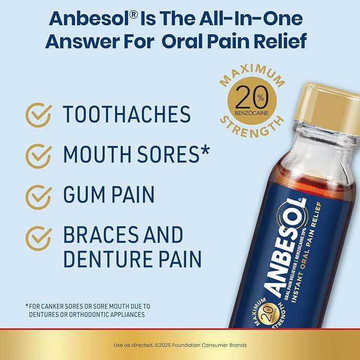 Anbesol Maximum Strength Liquid - Instant Oral Pain Relief, for Toothaches, Gums, Braces, & Denture Pain, and Mouth Sores*, Canker Sore Treatment Inside Mouth, ADA Accepted, 0.41 oz - Image 3