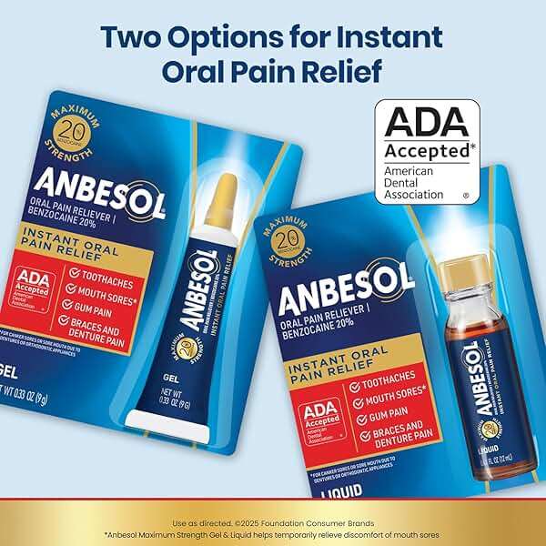 Anbesol Maximum Strength Liquid - Instant Oral Pain Relief, for Toothaches, Gums, Braces, & Denture Pain, and Mouth Sores*, Canker Sore Treatment Inside Mouth, ADA Accepted, 0.41 oz - Image 5