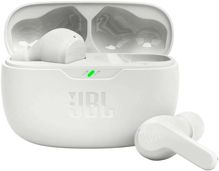 JBL Vibe Beam - True Wireless JBL Deep Bass Sound Earbuds, Bluetooth 5.2, Water & Dust Resistant, Hands-free call with VoiceAware, Up to 32 hours of battery life (White) - Image 1