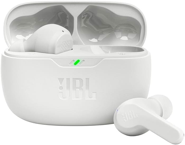 JBL Vibe Beam - True Wireless JBL Deep Bass Sound Earbuds, Bluetooth 5.2, Water & Dust Resistant, Hands-free call with VoiceAware, Up to 32 hours of battery life (White) - Product Image