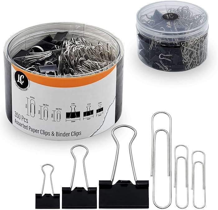 350 Pack Paper Clips and Binder Clips Set by Luxurecourt - Binders & Paperclips Assorted Sizes in Container with Compartments, Silver Paper Clips & Black Binder clips for Home, School, Office Supplies - Image 1