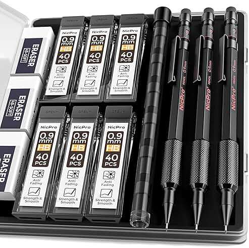Nicpro 0.9 Metal Mechanical Pencil Set with Case, 3PCS Hevey Duty MP2000 Lead Pencil With 6 Tube HB Lead Refills 0.9mm, Erasers, Weatherproof Barrel for Outdoor Writing Drafting Drawing Sketching - Image 1