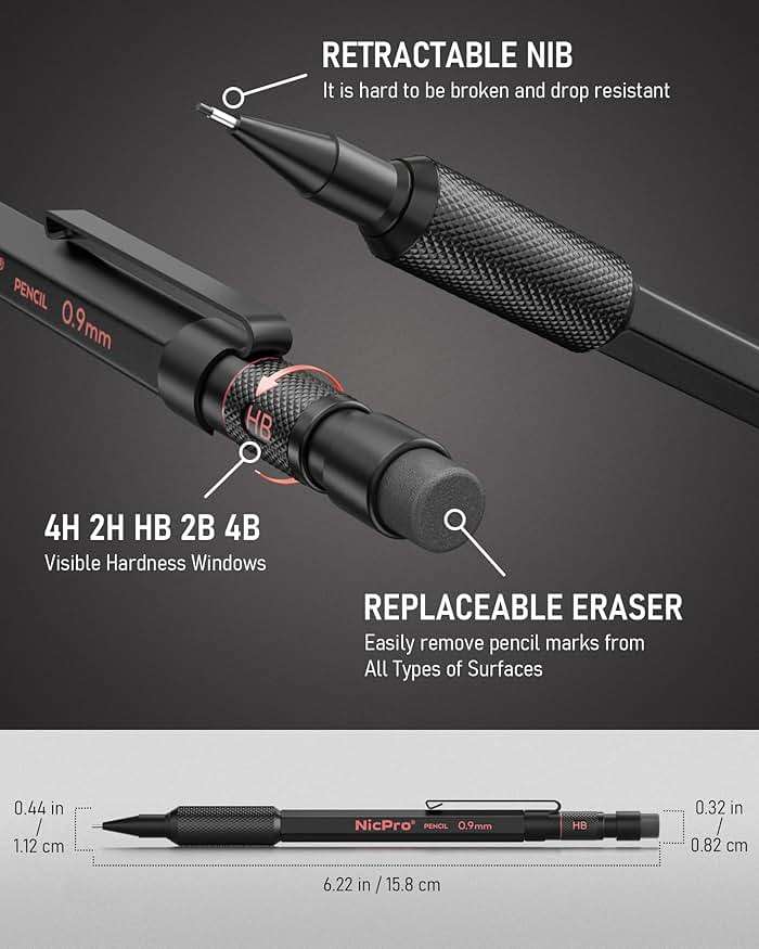 Nicpro 0.9 Metal Mechanical Pencil Set with Case, 3PCS Hevey Duty MP2000 Lead Pencil With 6 Tube HB Lead Refills 0.9mm, Erasers, Weatherproof Barrel for Outdoor Writing Drafting Drawing Sketching - Image 2