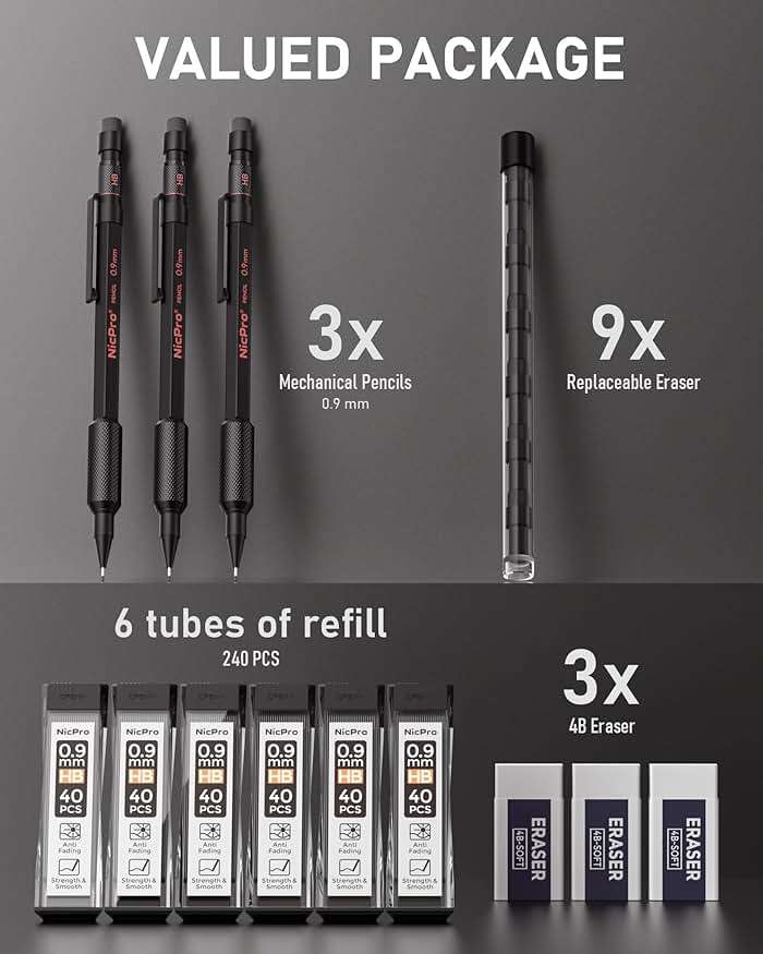 Nicpro 0.9 Metal Mechanical Pencil Set with Case, 3PCS Hevey Duty MP2000 Lead Pencil With 6 Tube HB Lead Refills 0.9mm, Erasers, Weatherproof Barrel for Outdoor Writing Drafting Drawing Sketching - Image 6
