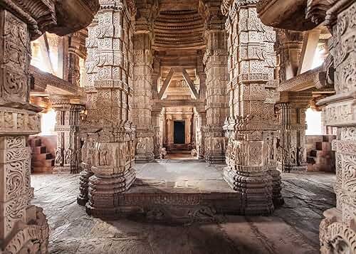 BELECO 7x5ft Fabric Ancient Indian Temple Backdrop Sas Bahu Temple in Gwalior in India Background Historical Carving Buildings Columns Sculptures Hinduism Religion Background Indian Photo Studio Props - Product Image