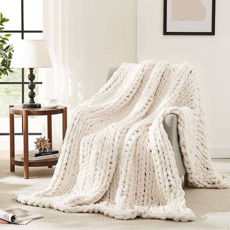 L'AGRATY Chunky Knit Blanket Throw,Soft Chenille Yarn Throw Blanket 50x60,Handmade Cable Knit Crochet Blanket,Large Knit Blankets Chunky Yarn,Rope Knot Throw Blanket for Couch Sofa Bed Home Decor - Image 1