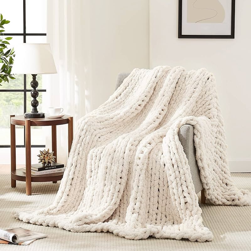 L'AGRATY Chunky Knit Blanket Throw,Soft Chenille Yarn Throw Blanket 50x60,Handmade Cable Knit Crochet Blanket,Large Knit Blankets Chunky Yarn,Rope Knot Throw Blanket for Couch Sofa Bed Home Decor - Product Image