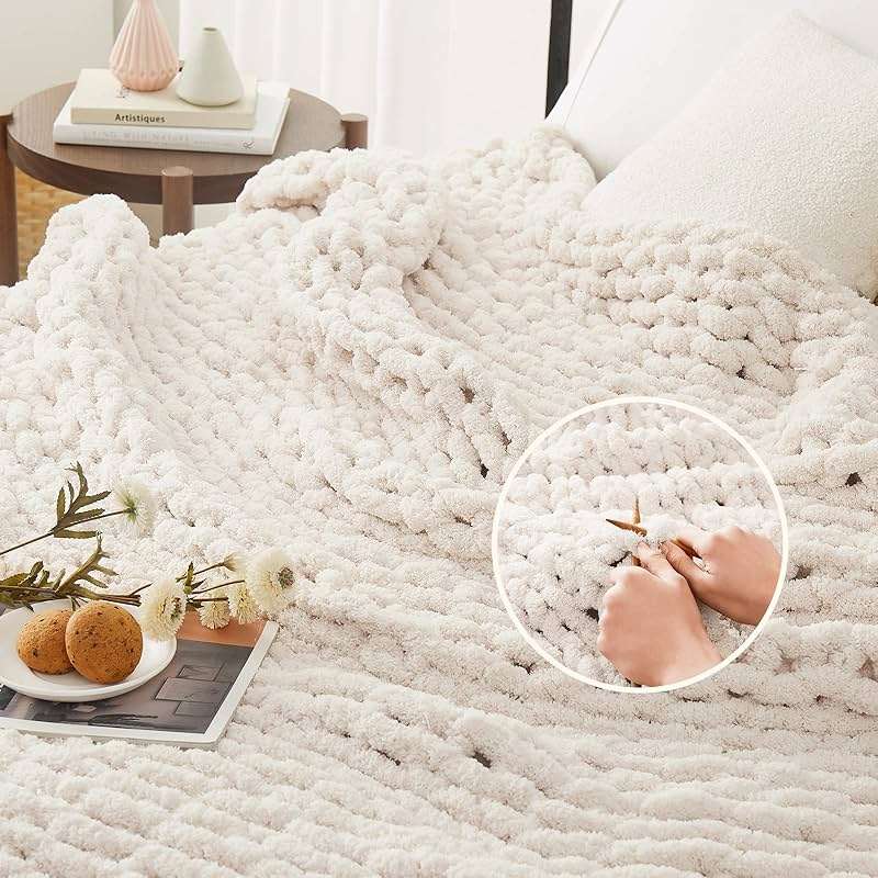 L'AGRATY Chunky Knit Blanket Throw,Soft Chenille Yarn Throw Blanket 50x60,Handmade Cable Knit Crochet Blanket,Large Knit Blankets Chunky Yarn,Rope Knot Throw Blanket for Couch Sofa Bed Home Decor - Image 3