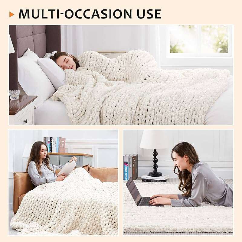 L'AGRATY Chunky Knit Blanket Throw,Soft Chenille Yarn Throw Blanket 50x60,Handmade Cable Knit Crochet Blanket,Large Knit Blankets Chunky Yarn,Rope Knot Throw Blanket for Couch Sofa Bed Home Decor - Image 5