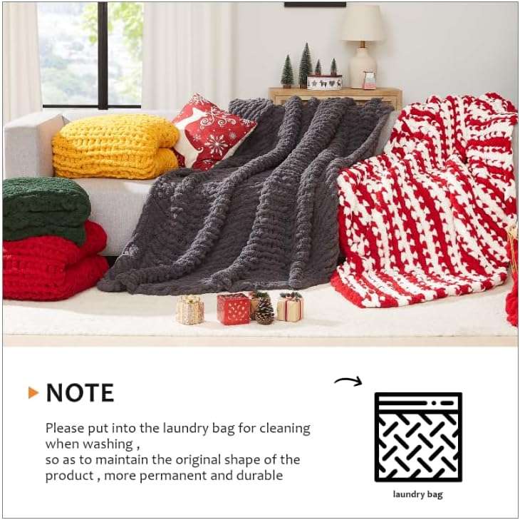 L'AGRATY Chunky Knit Blanket Throw,Soft Chenille Yarn Throw Blanket 50x60,Handmade Cable Knit Crochet Blanket,Large Knit Blankets Chunky Yarn,Rope Knot Throw Blanket for Couch Sofa Bed Home Decor - Image 6
